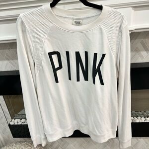 Victoria's Secret PINK White Mesh Accent Sweatshirt with Black PINK Logo L